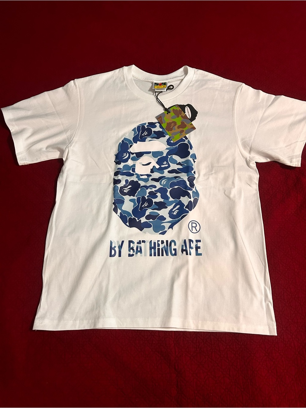 Bape White Tee with Blue Camo Ape Head Graphic